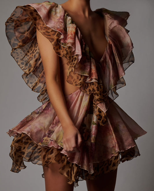 Sara Dress in Rose and Leopard Silk