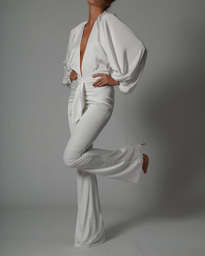 Beaudelle Flares and Bodysuit in Ivory Satin
