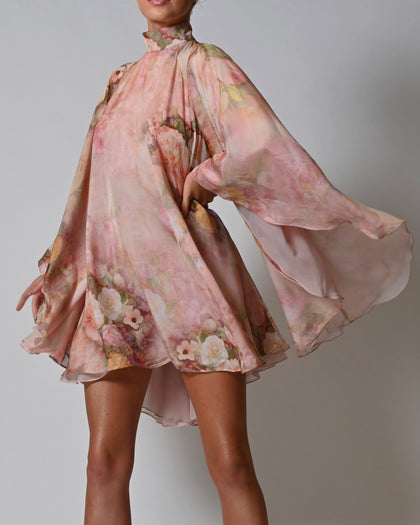 High Neck Lorena Dress in Rose Silk