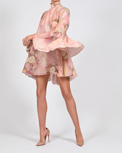 High Neck Lorena Dress in Rose Silk
