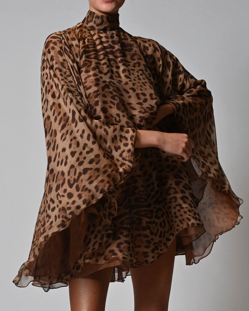 High Neck Lorena Dress in Leopard Silk