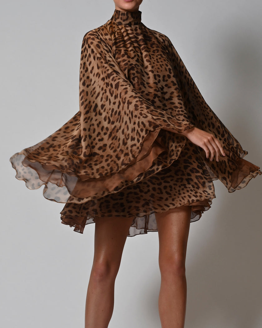 High Neck Lorena Dress in Leopard Silk