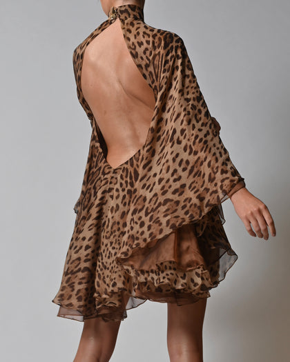 High Neck Lorena Dress in Leopard Silk