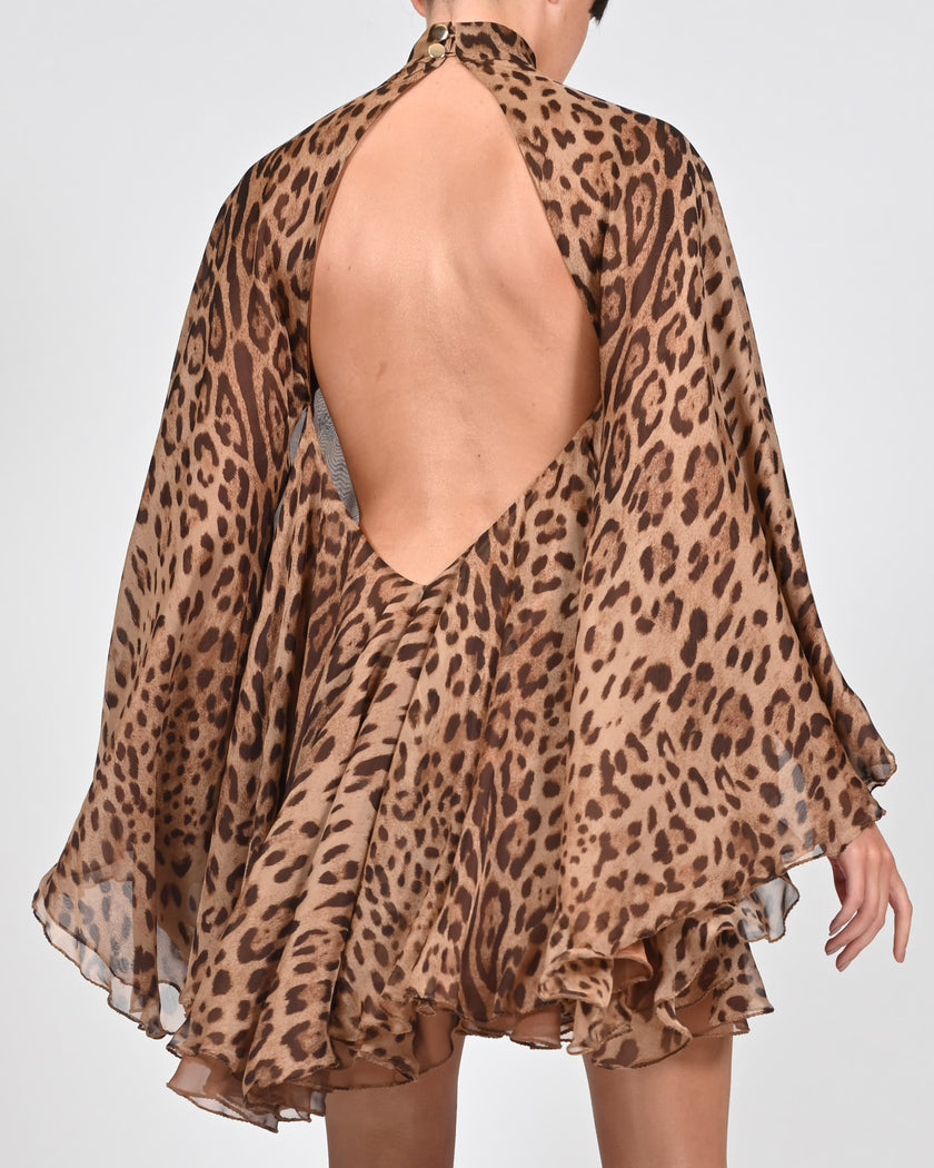 High Neck Lorena Dress in Leopard Silk
