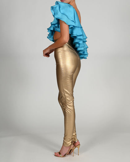 High Waisted Leather Trousers in Gold