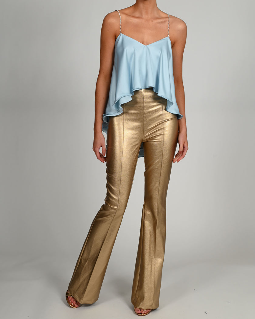 High Waisted Leather Flares in Gold