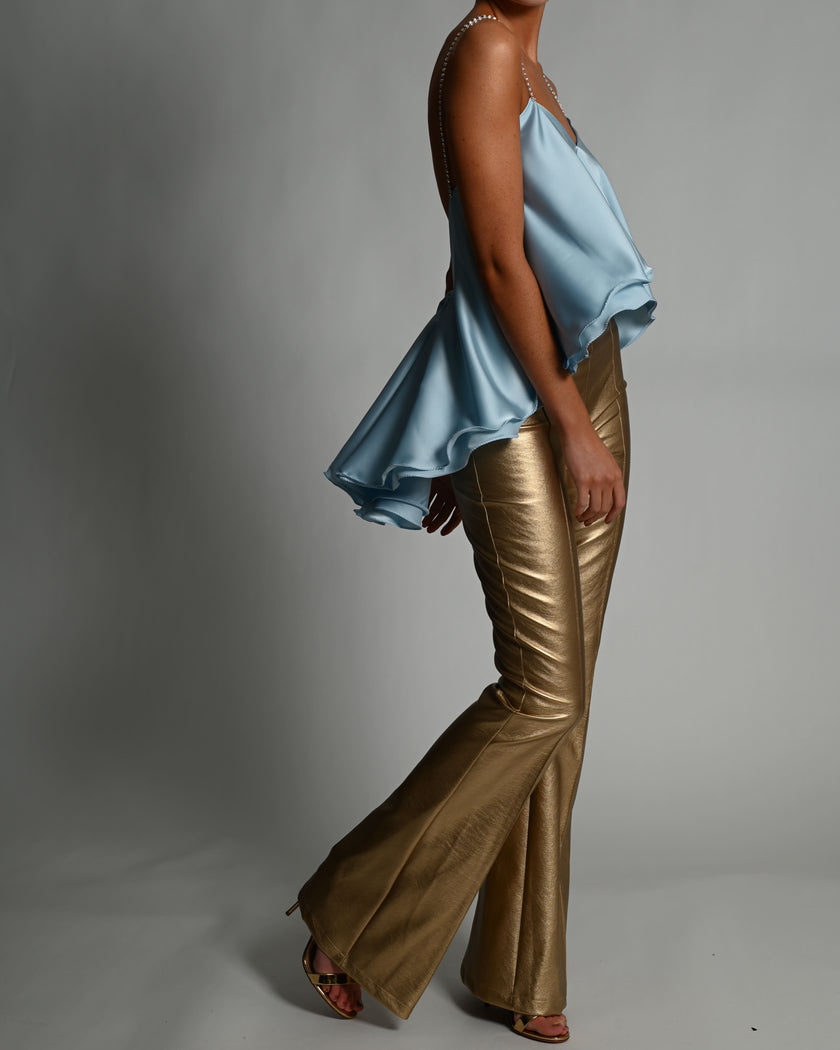 High Waisted Leather Flares in Gold