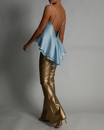 High Waisted Leather Flares in Gold