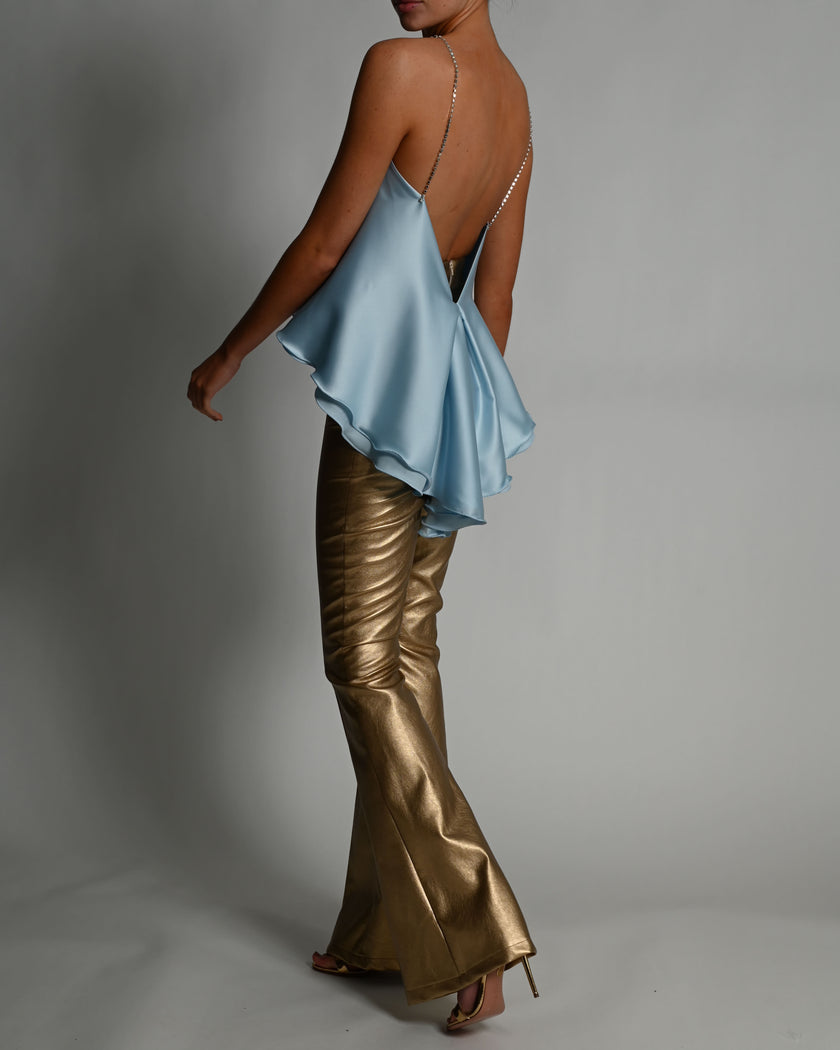 High Waisted Leather Flares in Gold