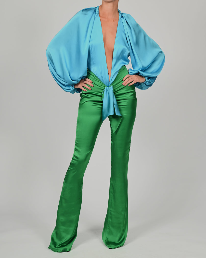 Beaudelle Flares and Bodysuit in Turquoise and Green Satin