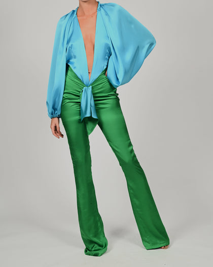 Beaudelle Flares and Bodysuit in Turquoise and Green Satin