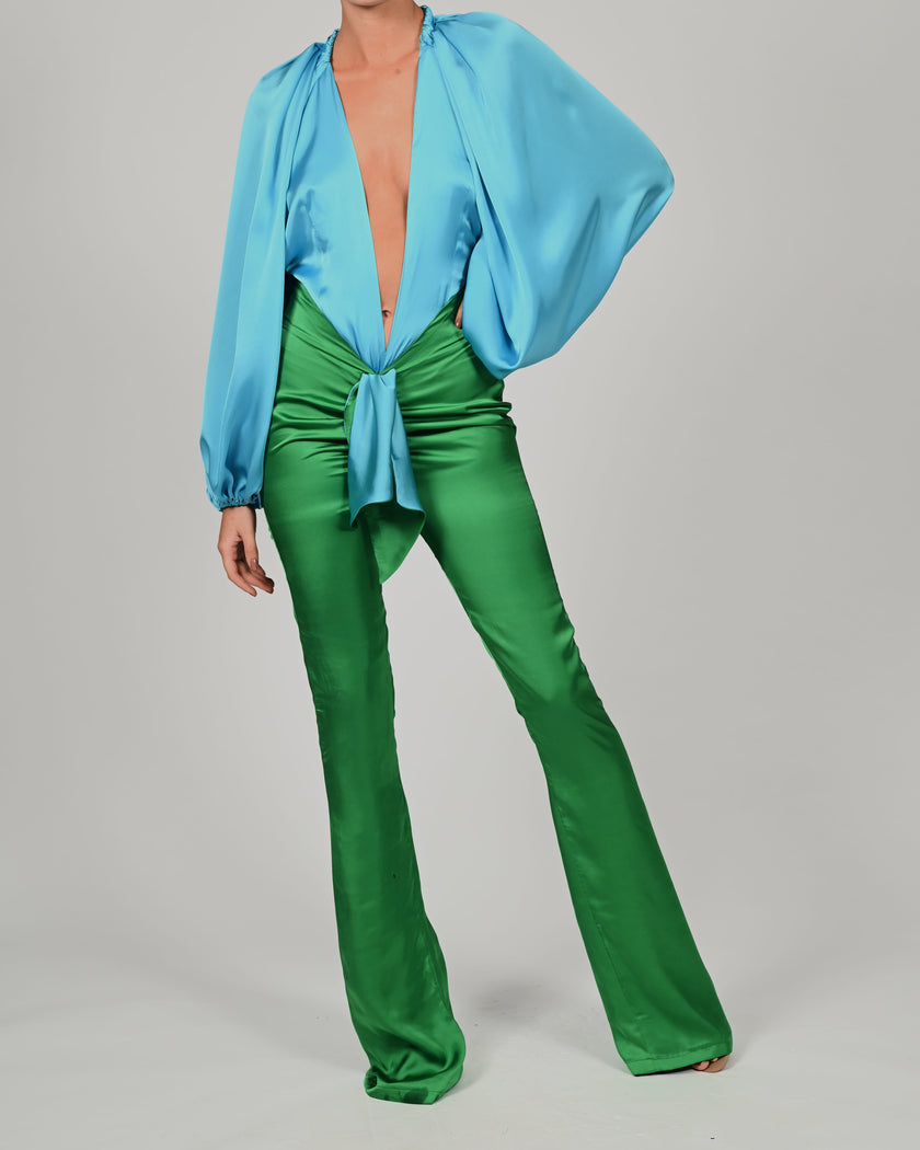 Beaudelle Flares and Bodysuit in Turquoise and Green Satin