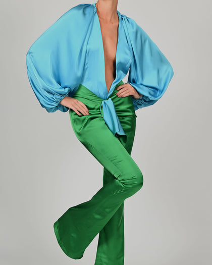 Beaudelle Flares and Bodysuit in Turquoise and Green Satin