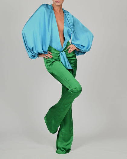 Beaudelle Flares and Bodysuit in Turquoise and Green Satin
