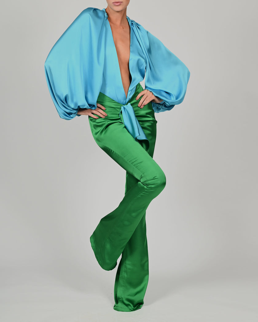 Beaudelle Flares and Bodysuit in Turquoise and Green Satin