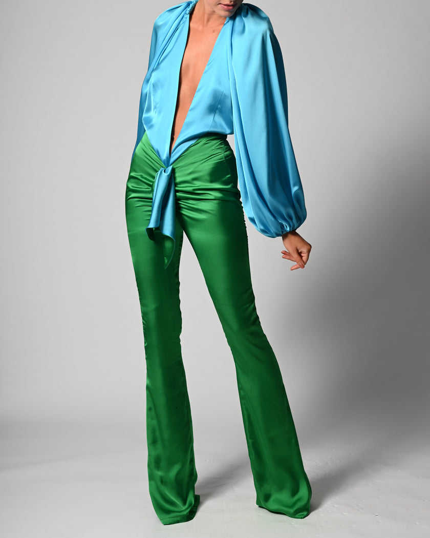 Beaudelle Flares and Bodysuit in Turquoise and Green Satin