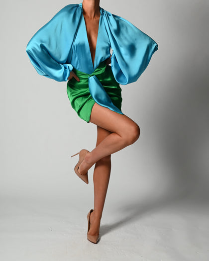 Beaudelle Set in Turquoise and Green Satin