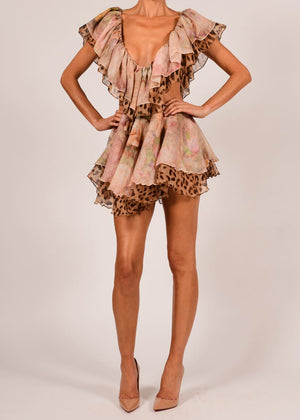 Sara Dress in Rose and Leopard Silk