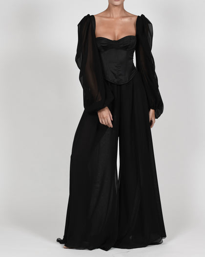Mya Top And Trousers In Black Satin