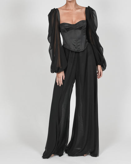Mya Top And Trousers In Black Satin