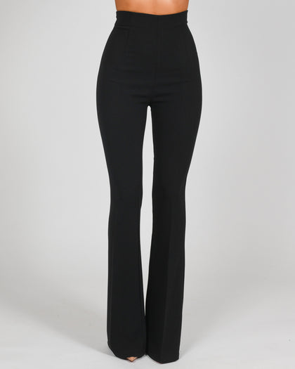 High Waisted Flared Trousers in Black Crepe