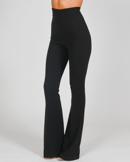 High Waisted Flared Trousers in Black Crepe Ready To Ship