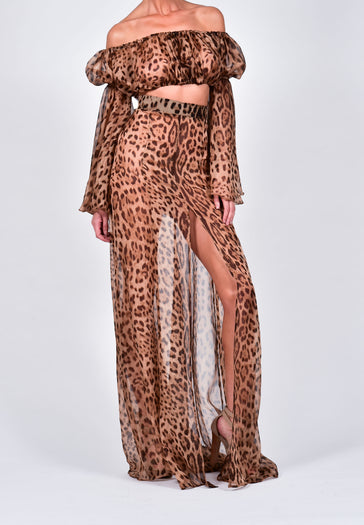 Ava Maxi Skirt Set in Leopard Print Silk