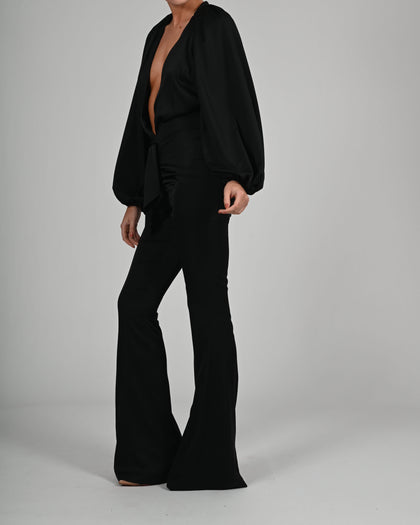 Beaudelle Flares and Bodysuit in Black Satin Ready To Ship