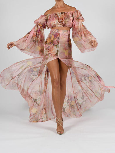 Ava Maxi Skirt Set In Rose Silk Ready To Ship
