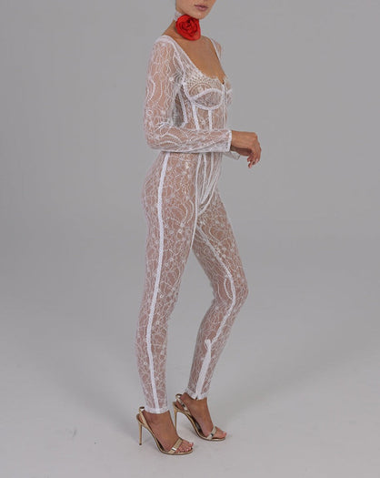 Sophie Jumpsuit in White with Bespoke Lining