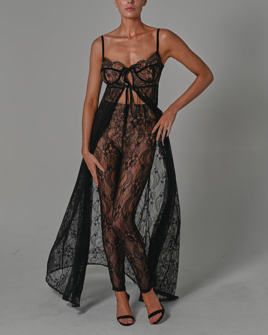 High Waisted Lace Leggings in Black with Mocha Lining
