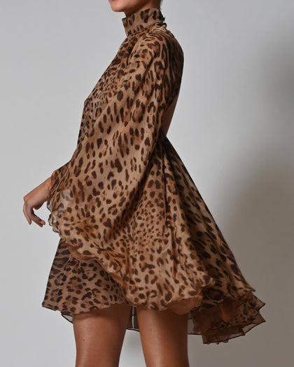High Neck Lorena Dress in Leopard Silk