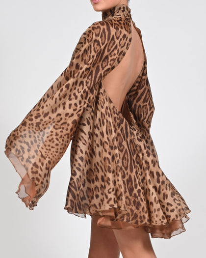 High Neck Lorena Dress in Leopard Silk