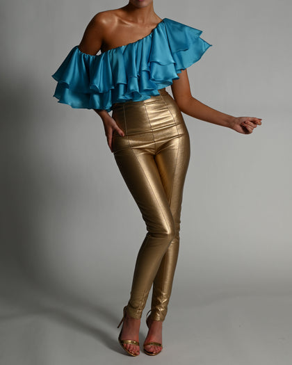 High Waisted Leather Trousers in Gold