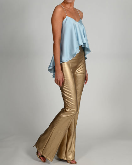 High Waisted Leather Flares in Gold