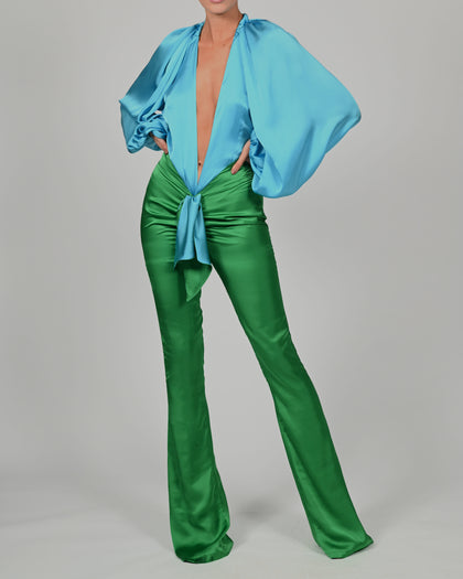 Beaudelle Flares and Bodysuit in Turquoise and Green Satin