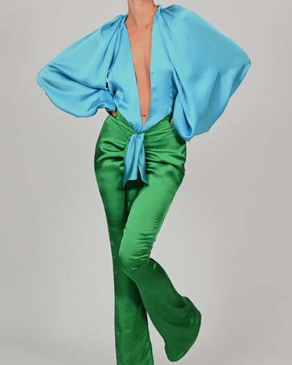 Beaudelle Flares and Bodysuit in Turquoise and Green Satin