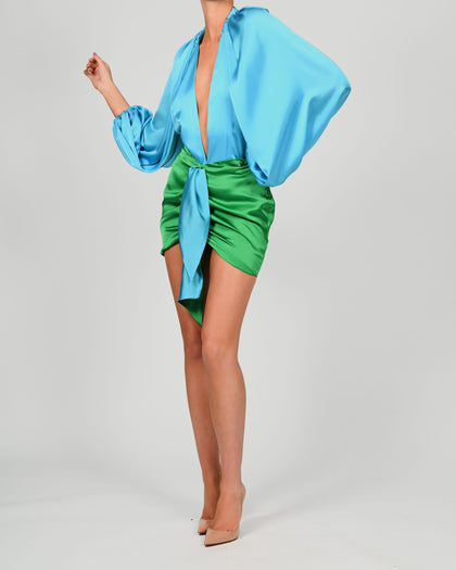 Beaudelle Set in Turquoise and Green Satin