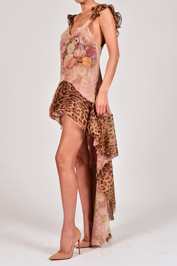 Krista Dress in Rose and Leopard Silk