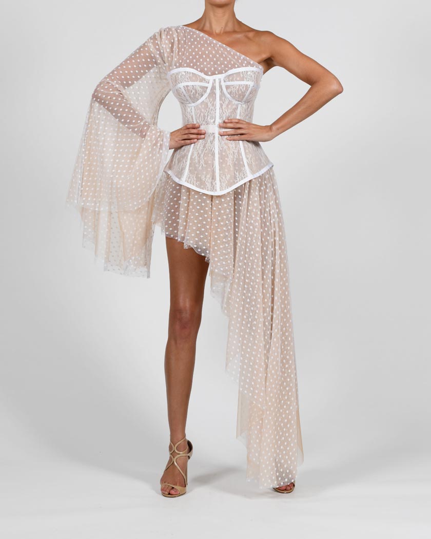 Evangeline Dress in White Spot and Lace