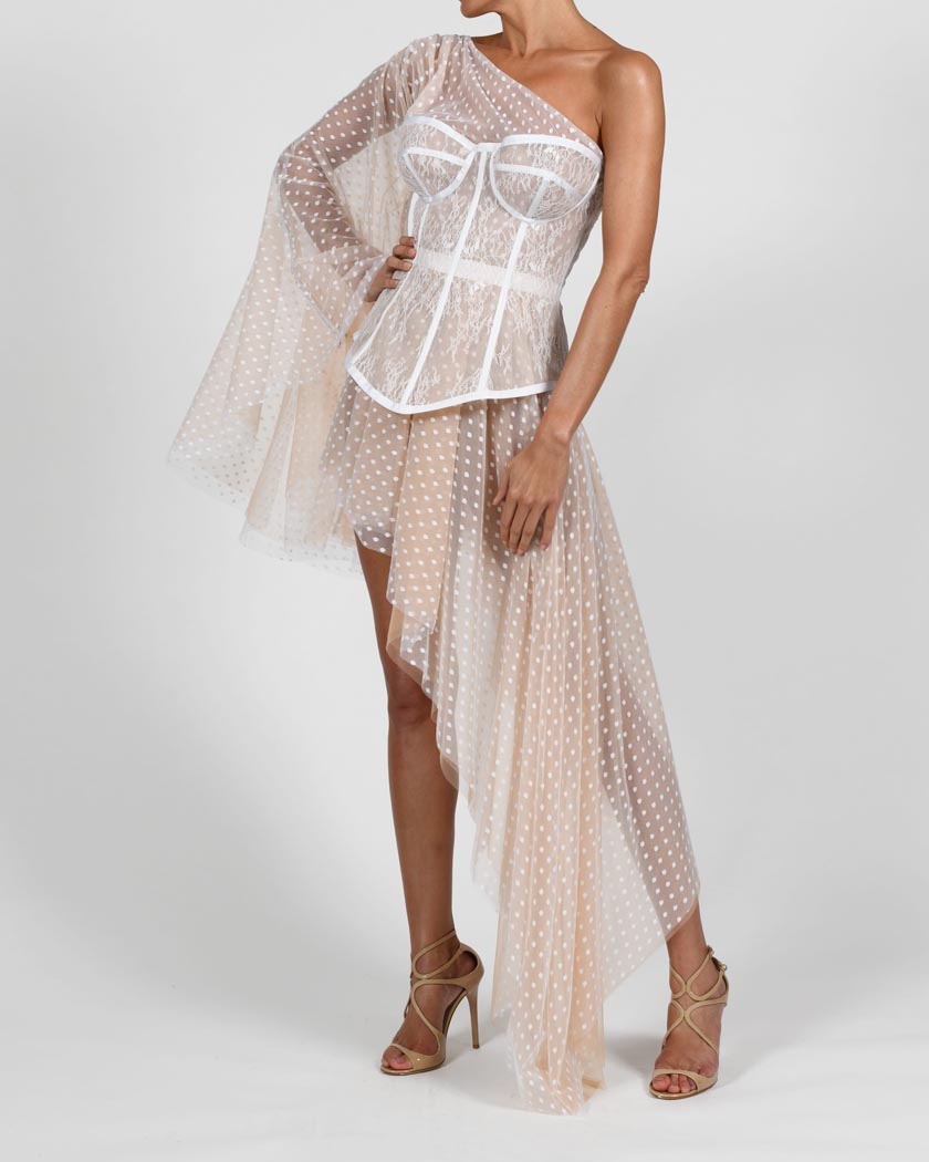 Evangeline Dress in White Spot and Lace