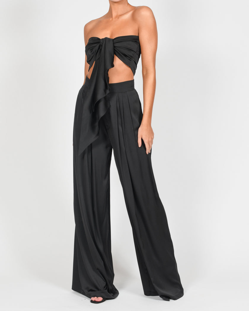 Black Satin Straight Leg Trousers, Trousers