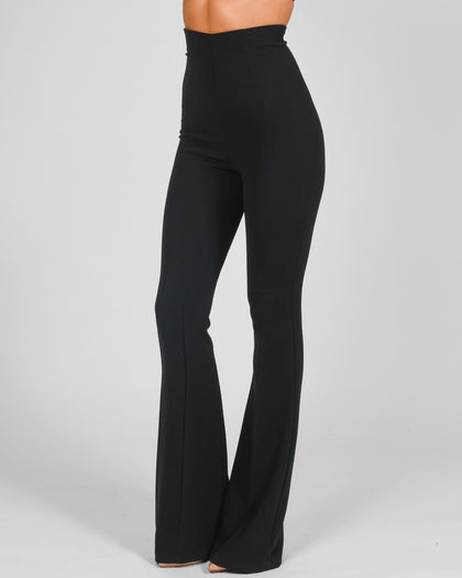 High Waisted Flared Trousers in Black Crepe